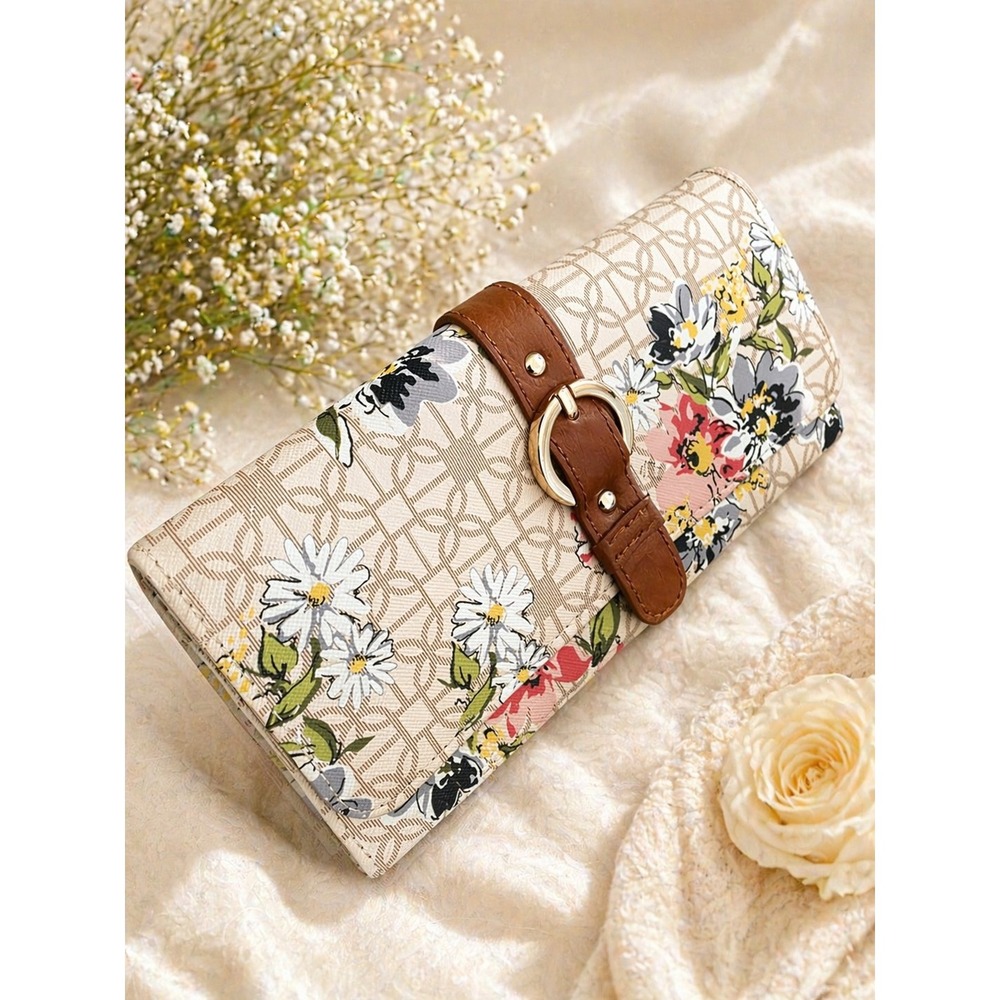 Floral Buckle Wallet | Cottagecore Aesthetic | Neutral + Brown Accents